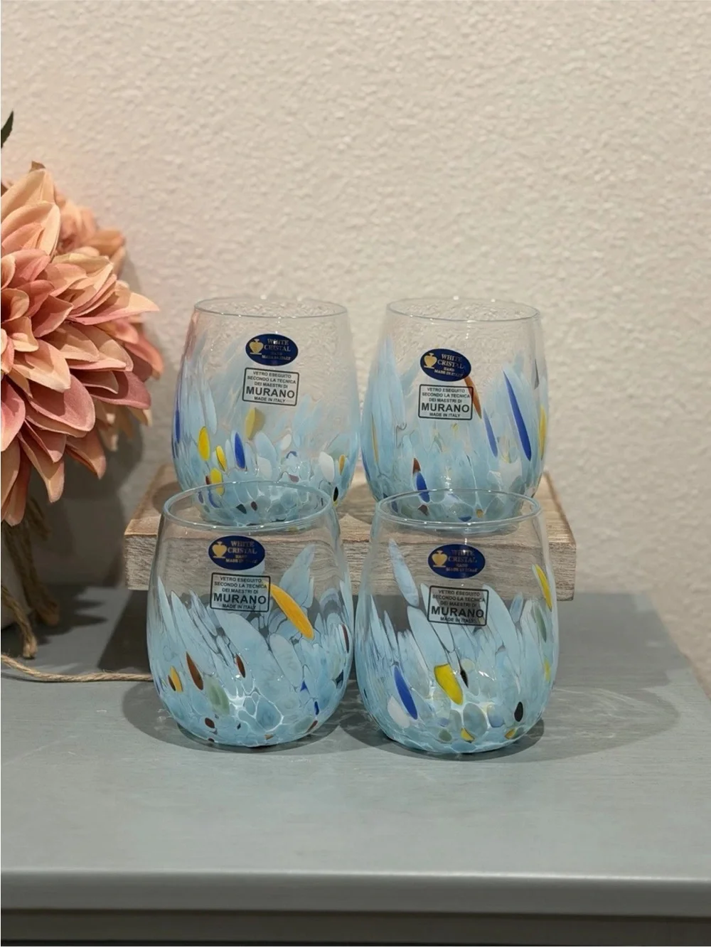 Murano White Cristal Celeste Blue Confetti Stemless Glass Wine Tumbler Set- 4